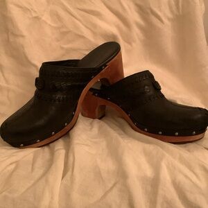 UGG black leather, wood soled clogs. Size 9